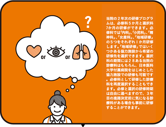 当院の2年次の研修プログラムは、地域研修を除き、ほぼ自由に診療科を選択できるのが特徴です。また、大学病院の分院であるという点から、幅広い専門診療科が備わっています。循環器内科・外科、消化器内科・外科など、臓器別に診療科を選択することも可能です。さらに、希望すれば日本医科大学の他の病院や、地域の医療機関でも研修できます。