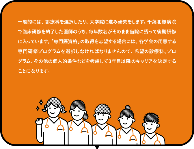 一般的には、診療科を選択したり、大学院に進み研究をします。千葉北総病院で臨床研修を終了した医師の内、毎年数名がそのまま当院に残って後期研修に入っています。「専門医資格」の取得を志望する場合には、各学会の用意する専門研修プログラムを選択しなければなりませんので、希望の診療科、プログラム、その他の個人的条件などを考慮して3年目以降のキャリアを決定することになります。